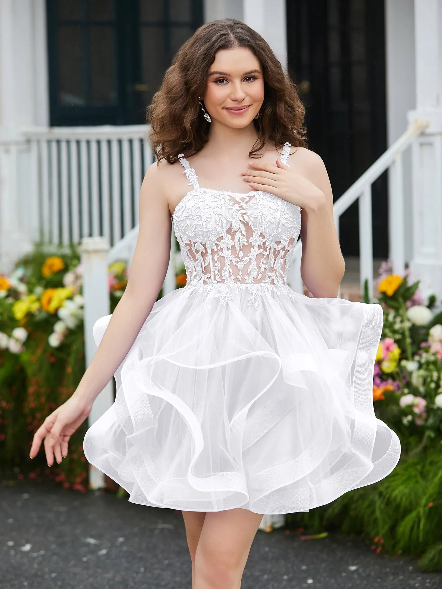 Appliqued Corset Top Short Tulle Dress White