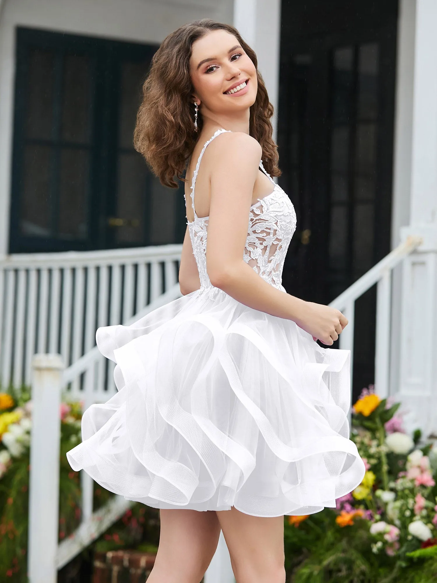 Appliqued Corset Top Short Tulle Dress White