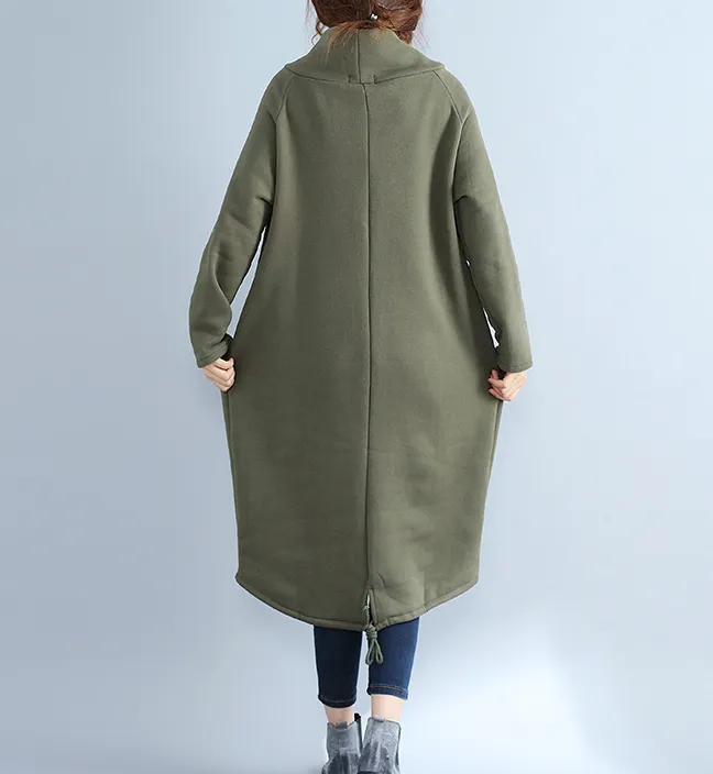 Army Green High Collar Fleece Loose Fall Dresses Casual Women Dresses SSM97213