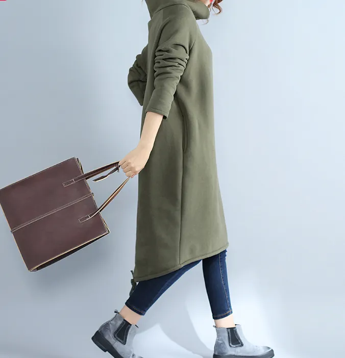 Army Green High Collar Fleece Loose Fall Dresses Casual Women Dresses SSM97213