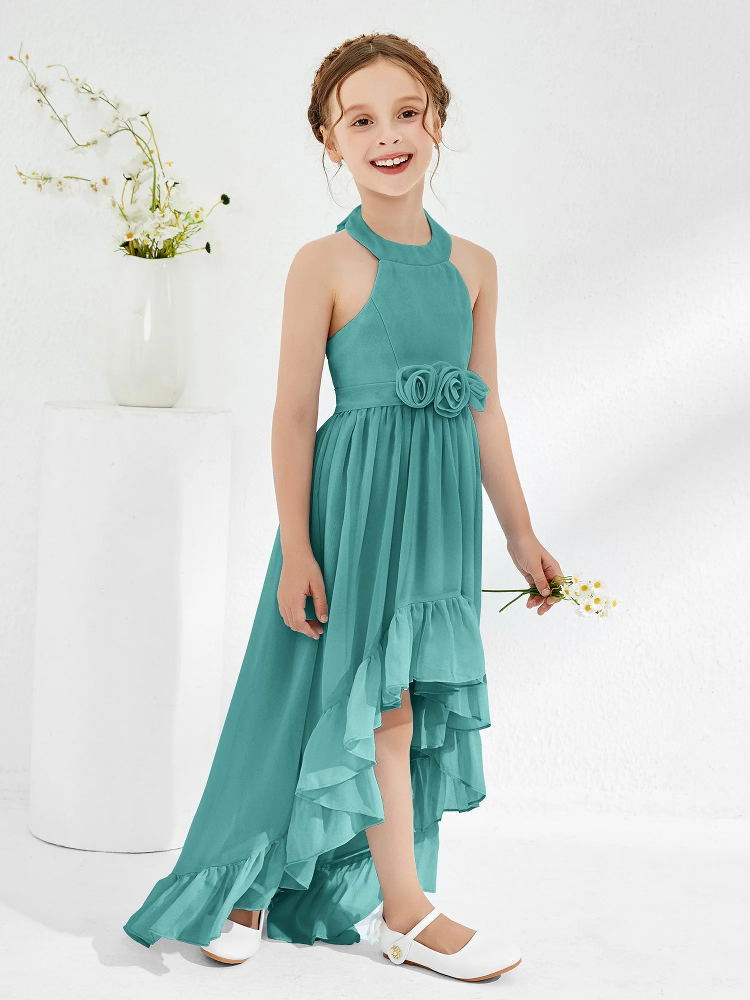 Asymmetrical A-line Junior Bridesmaid Dresses with Flower Jade