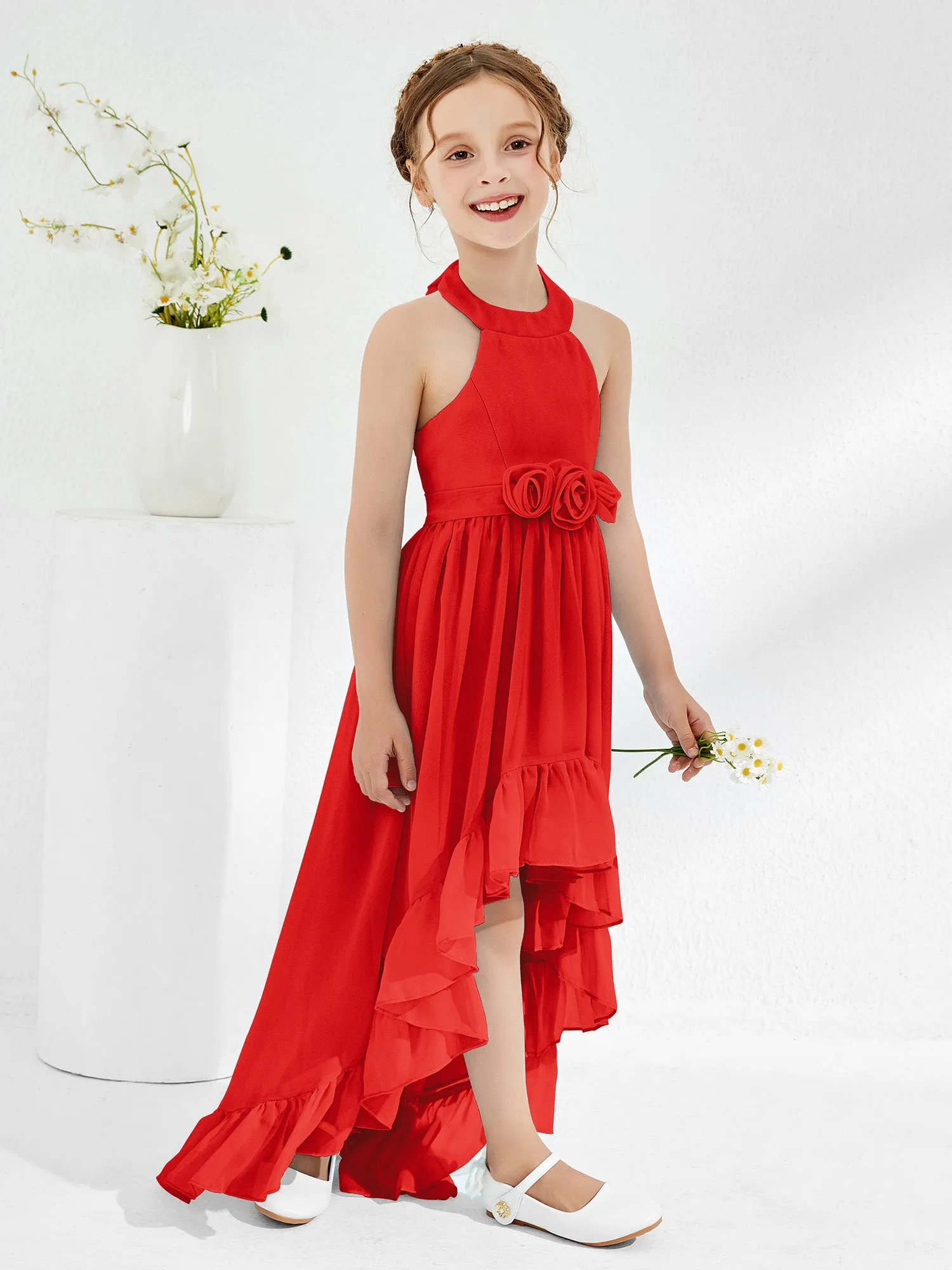 Asymmetrical A-line Junior Bridesmaid Dresses with Flower Red