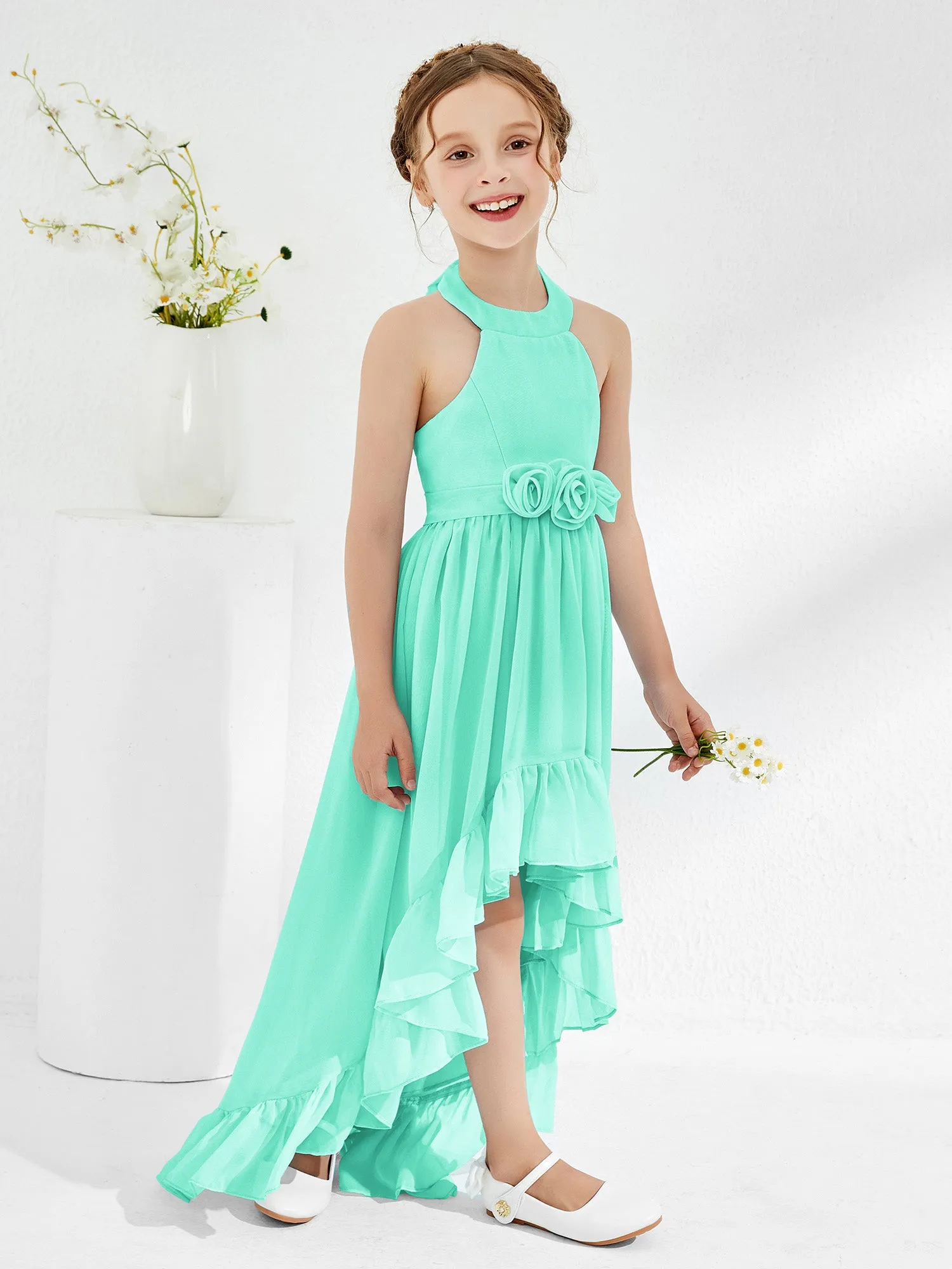 Asymmetrical A-line Junior Bridesmaid Dresses with Flower Spa