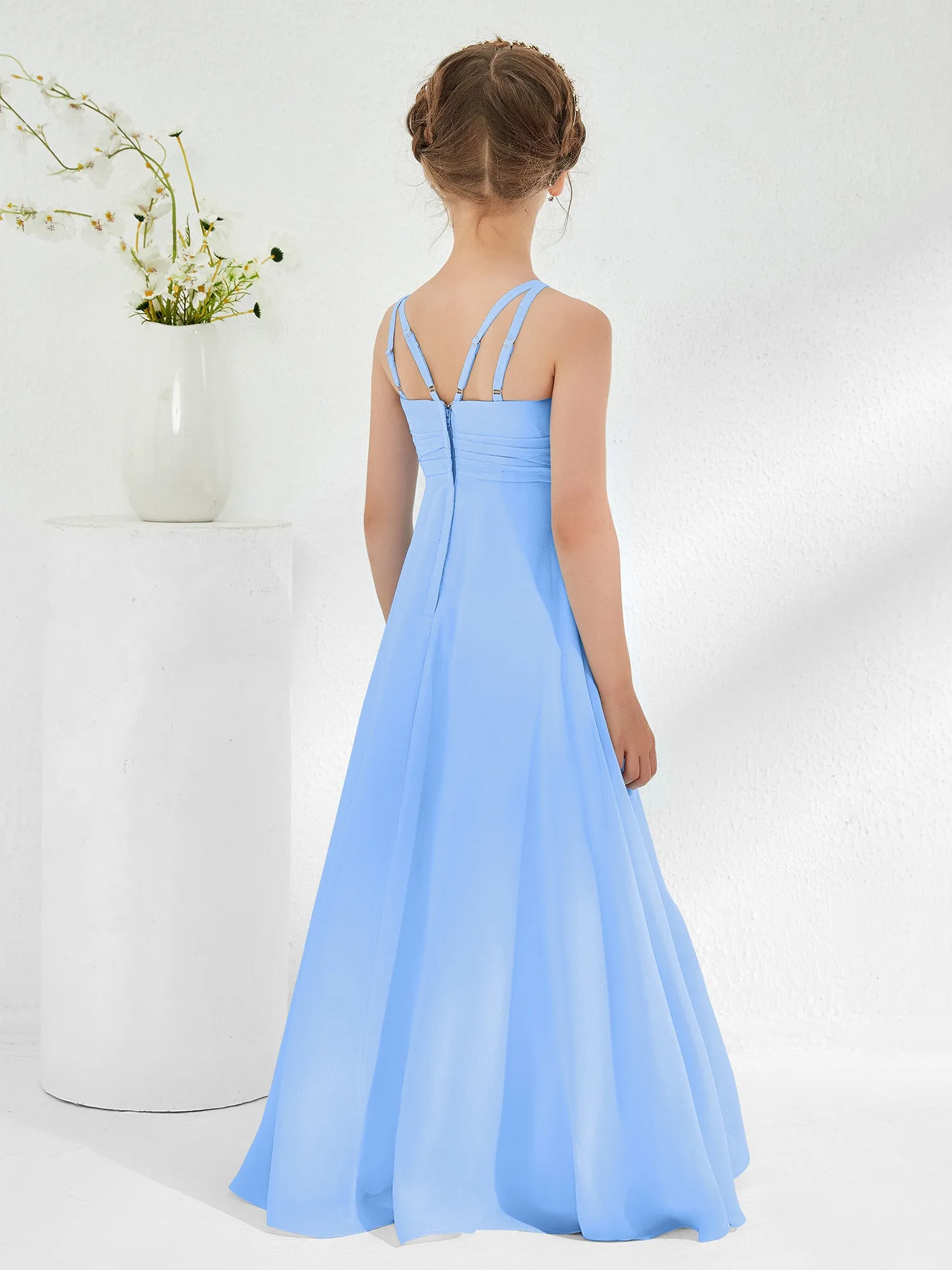 Bateau Neckline Junior Bridesmaid Dresses with Sash Blue