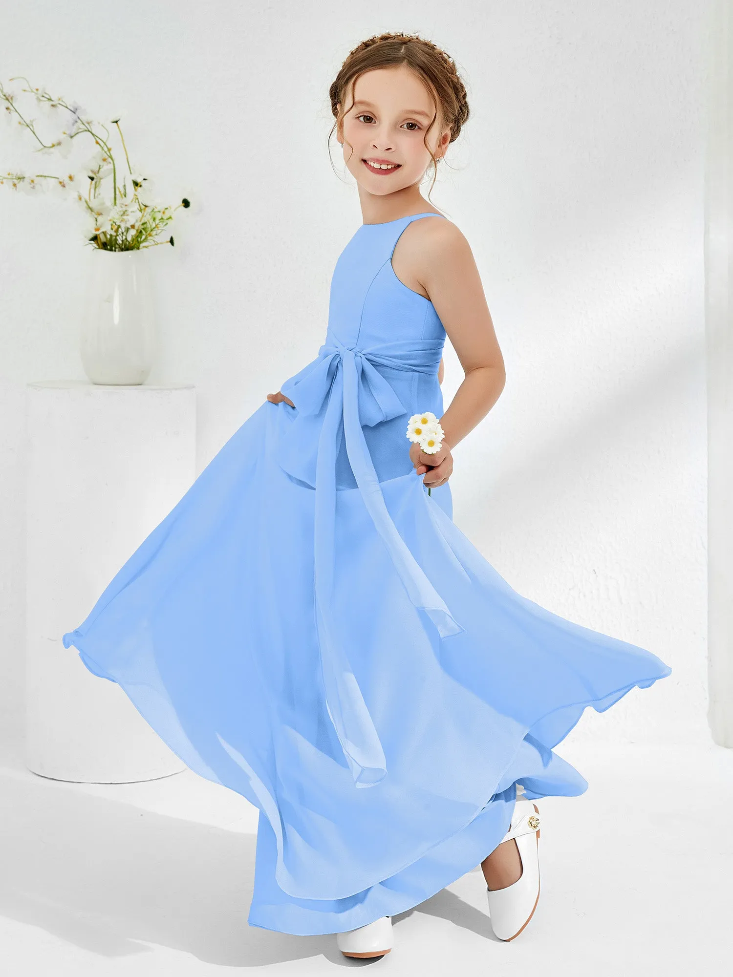 Bateau Neckline Junior Bridesmaid Dresses with Sash Blue