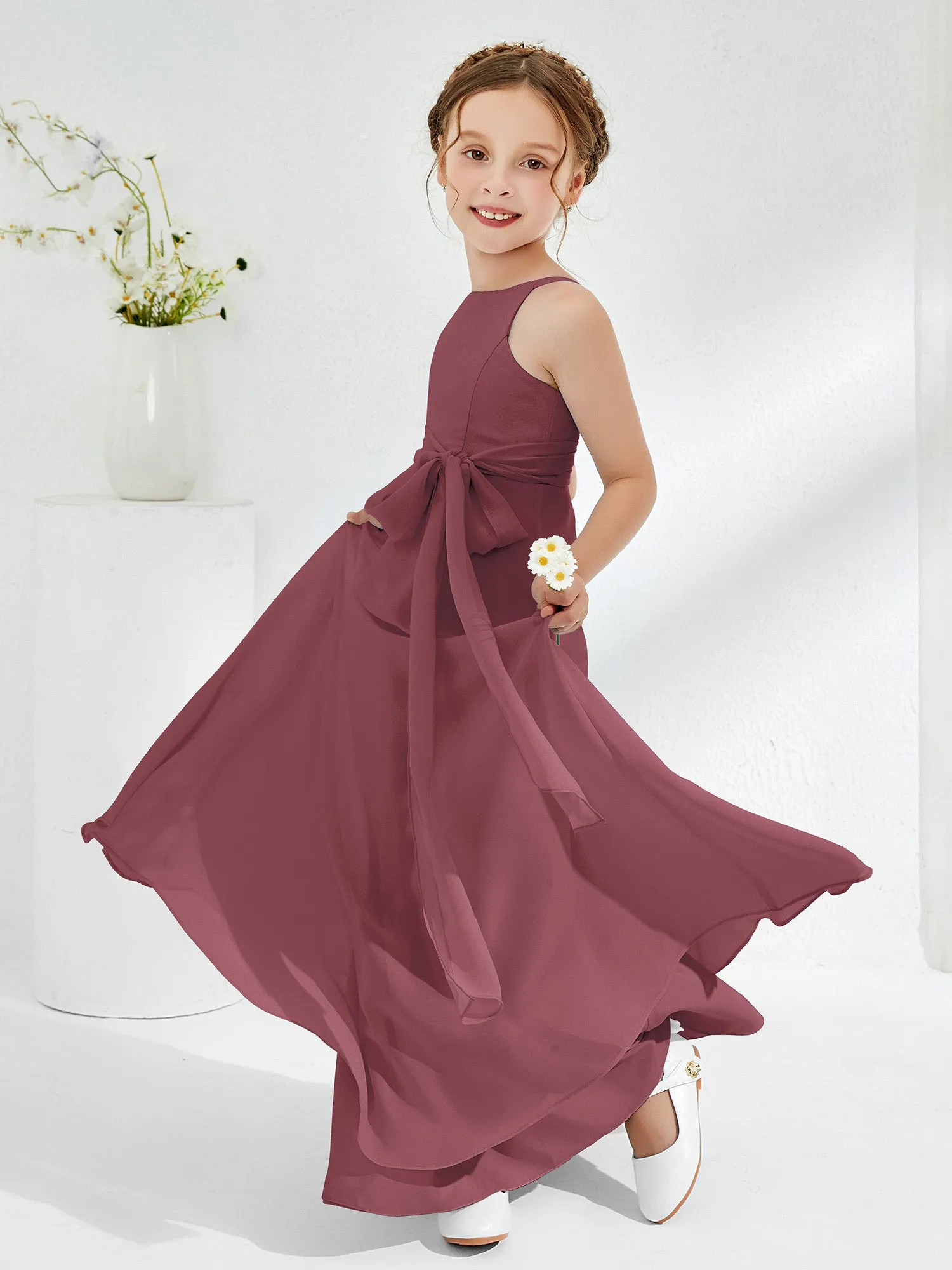 Bateau Neckline Junior Bridesmaid Dresses with Sash Mulberry