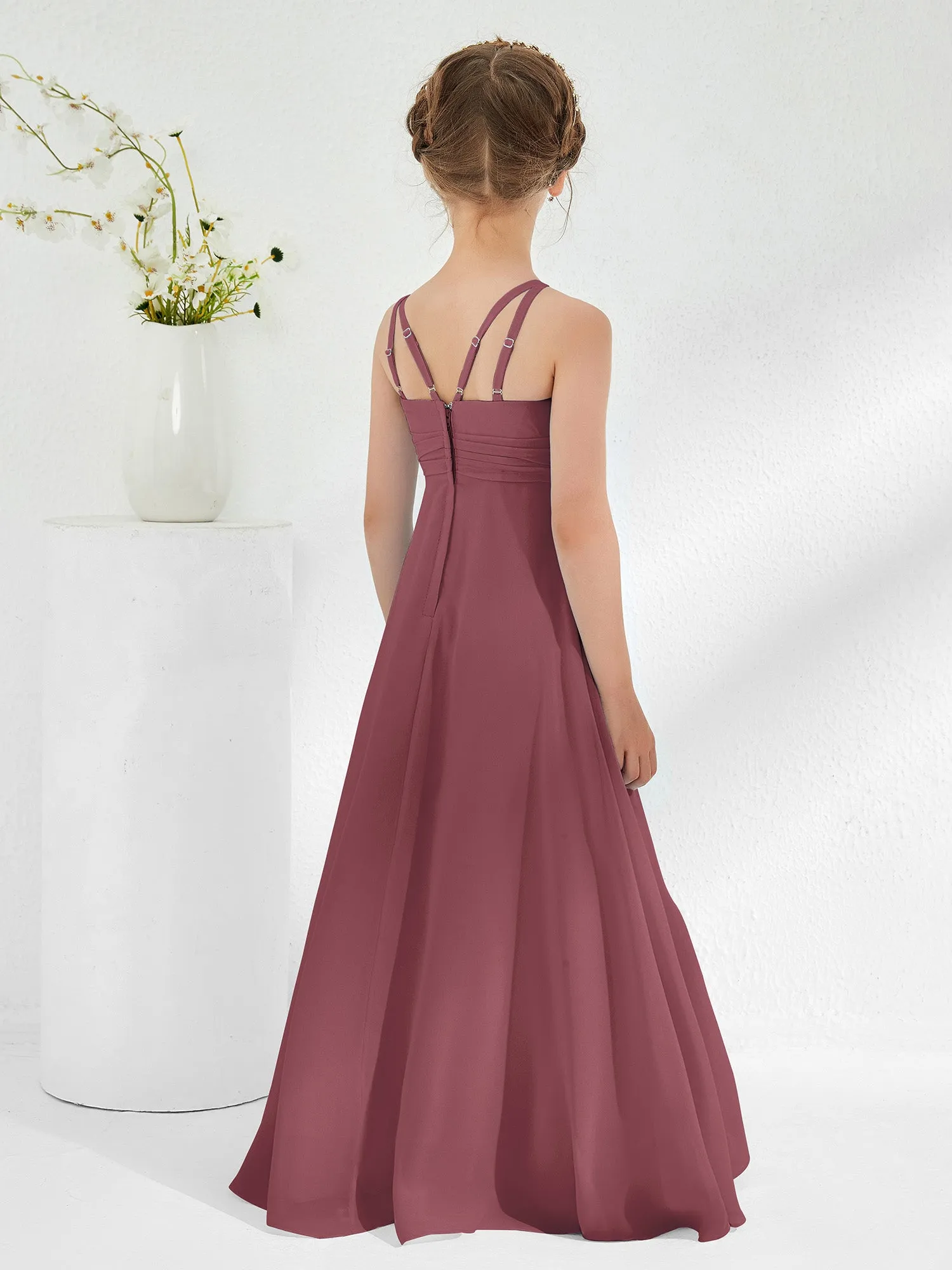 Bateau Neckline Junior Bridesmaid Dresses with Sash Mulberry