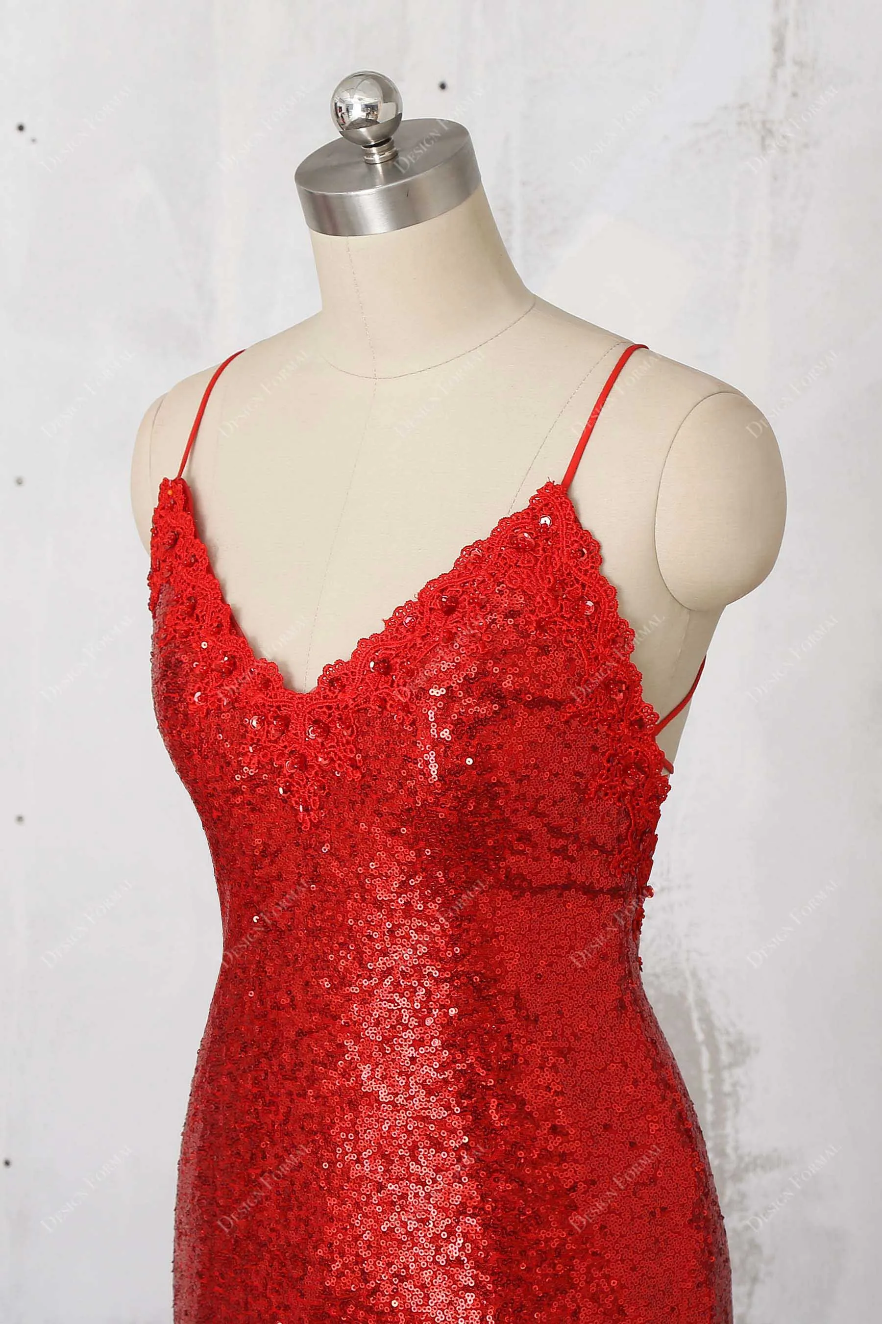 Beaded Lace V-neck Red Sequin Elegant Mermaid Prom Dress