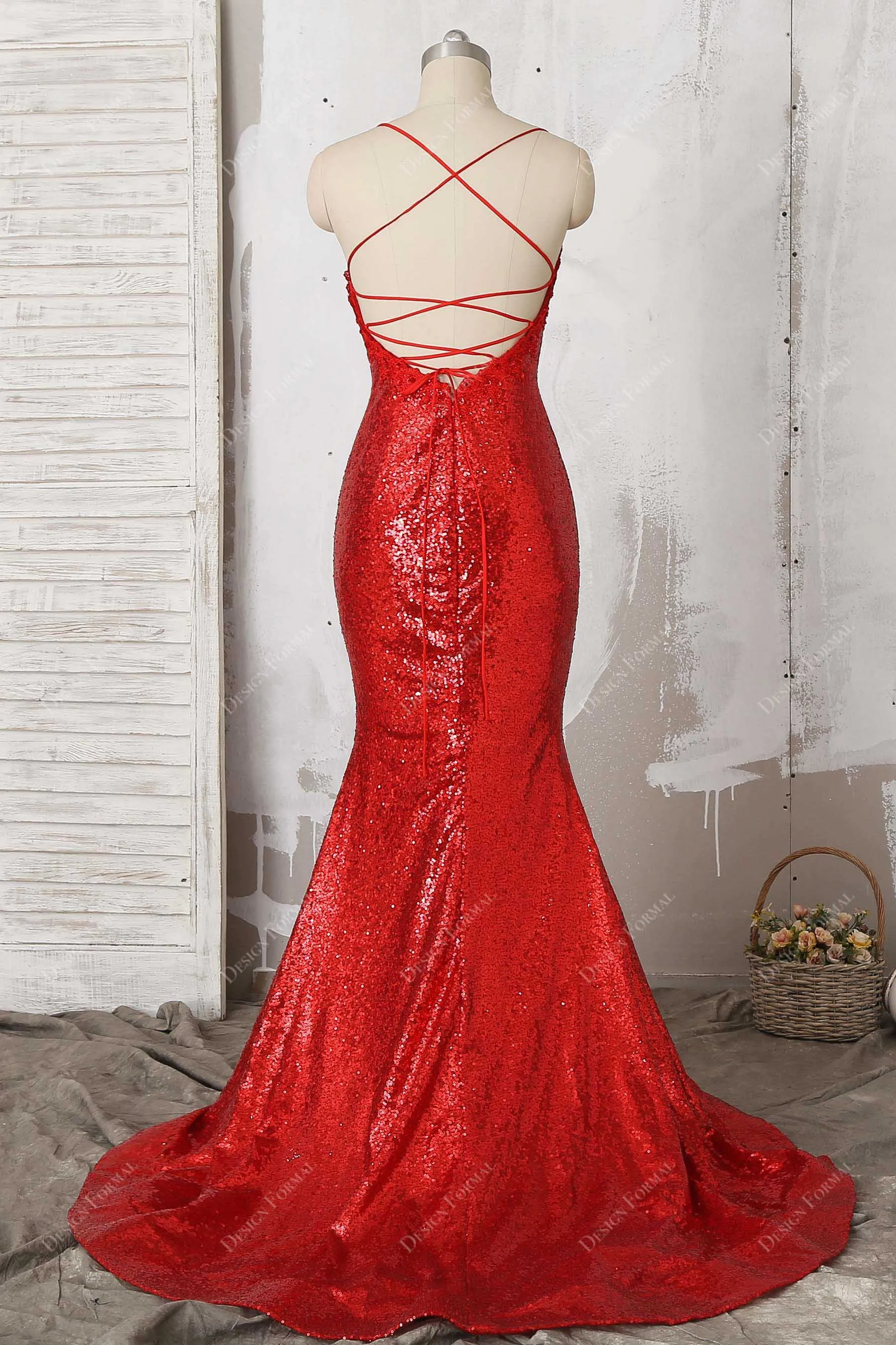 Beaded Lace V-neck Red Sequin Elegant Mermaid Prom Dress