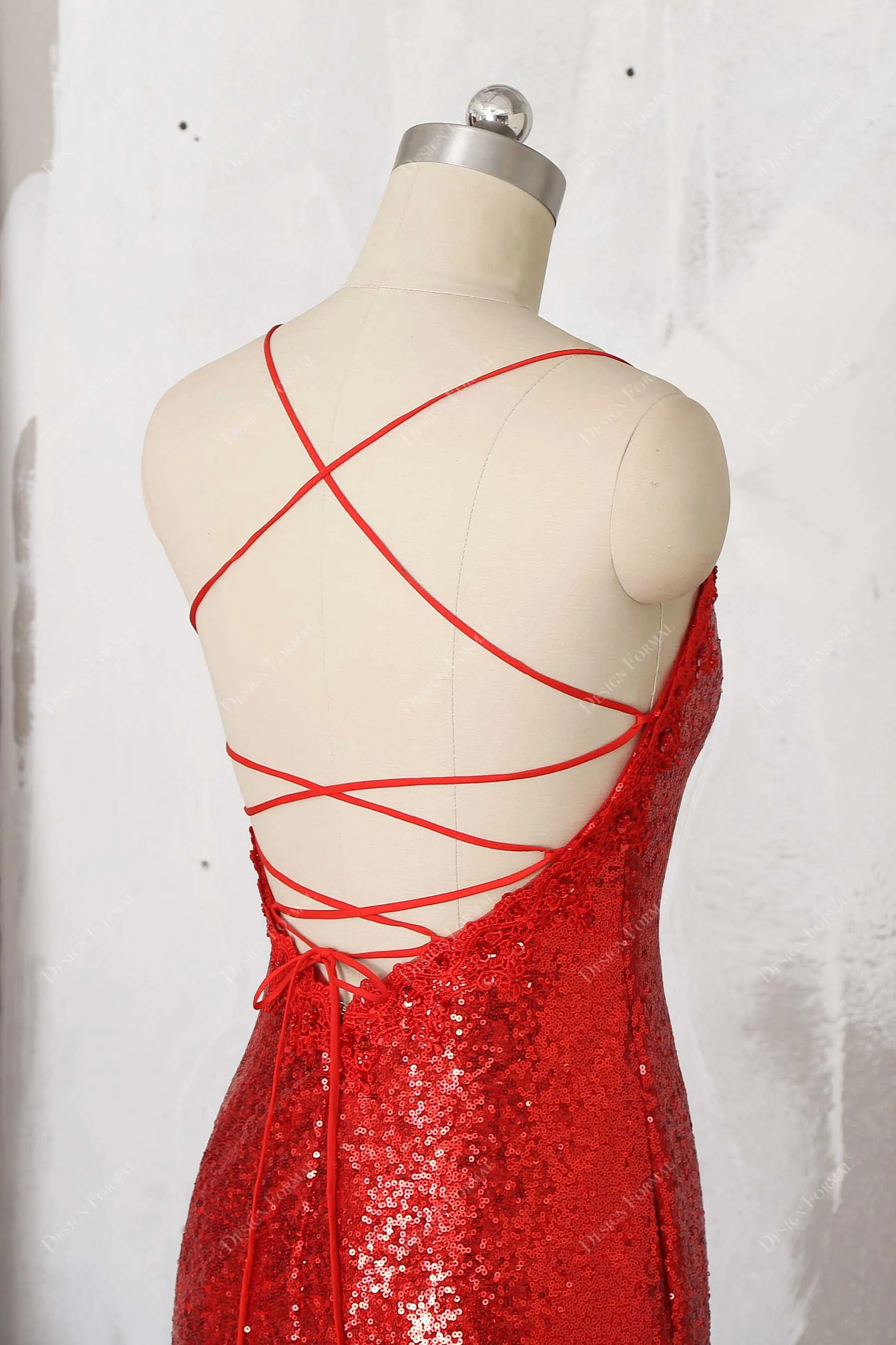 Beaded Lace V-neck Red Sequin Elegant Mermaid Prom Dress