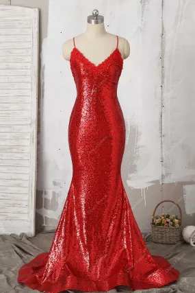 Beaded Lace V-neck Red Sequin Elegant Mermaid Prom Dress