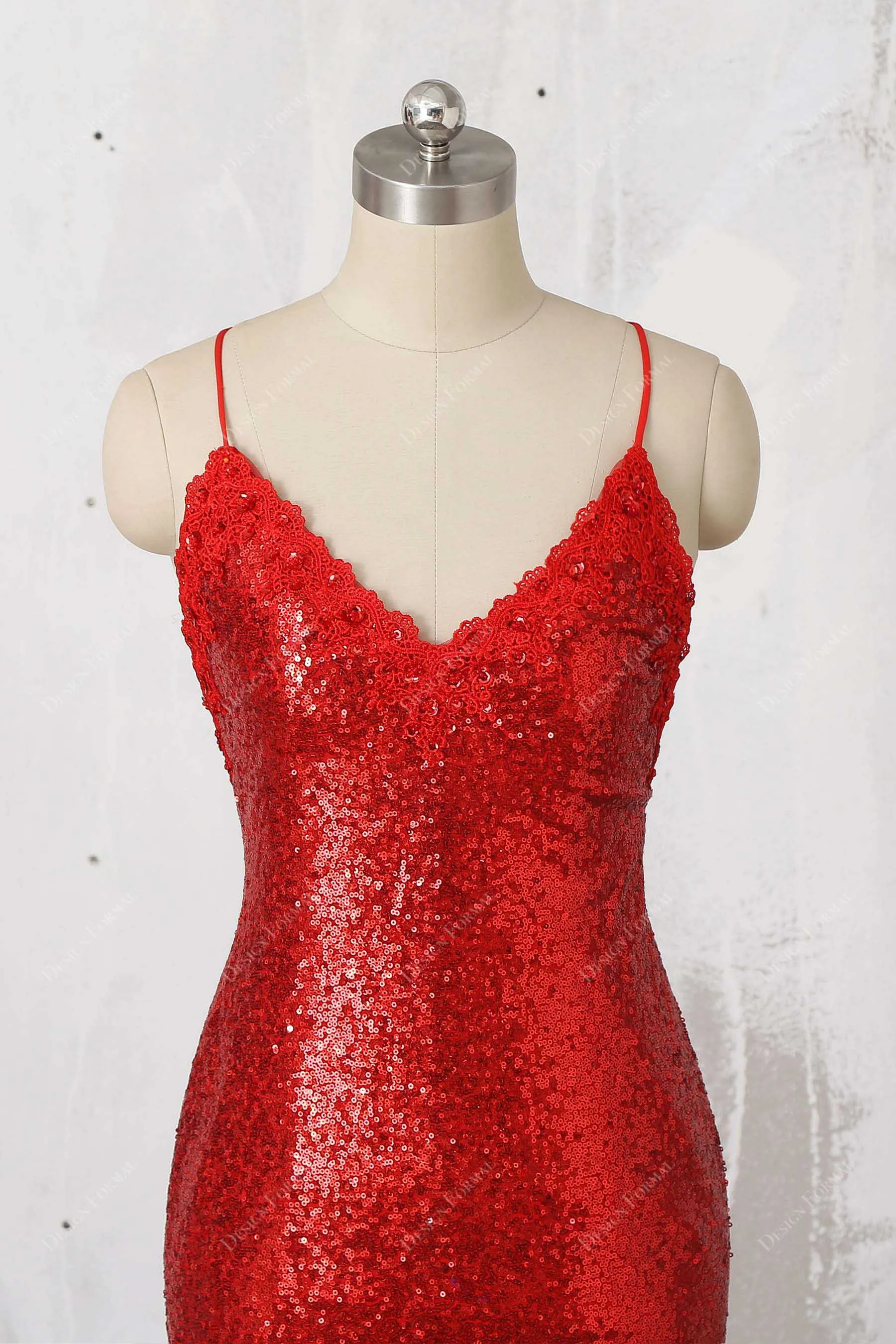 Beaded Lace V-neck Red Sequin Elegant Mermaid Prom Dress
