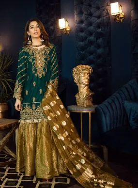 Beautiful Asian embroidered velvet dress in sea green color # P2460