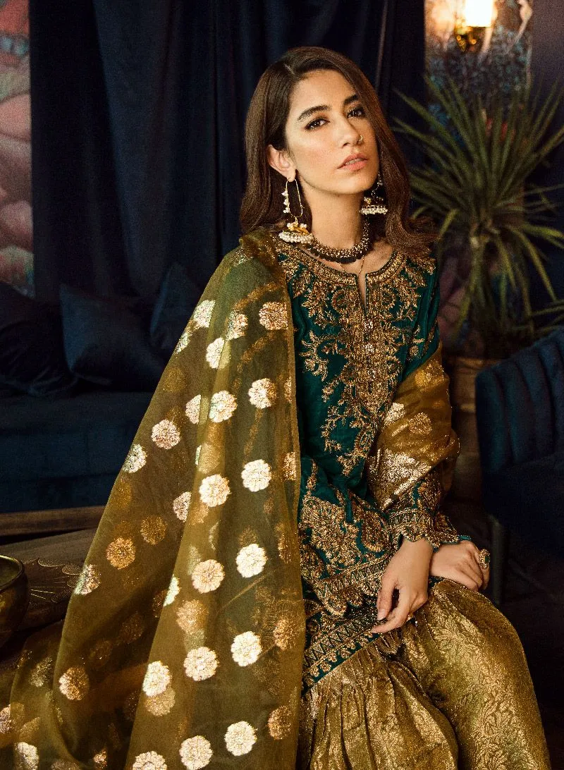 Beautiful Asian embroidered velvet dress in sea green color # P2460