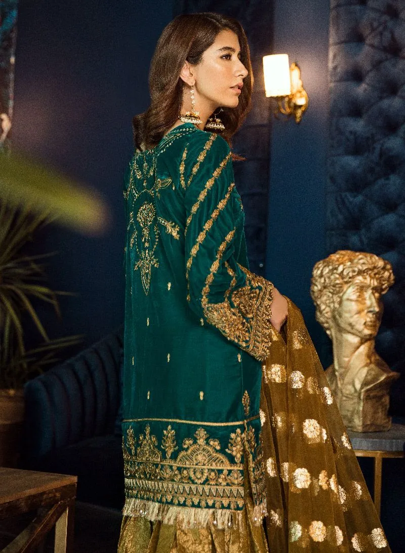 Beautiful Asian embroidered velvet dress in sea green color # P2460