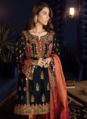 Beautiful Asian embroidered velvet outfit in bottle green color # P2461