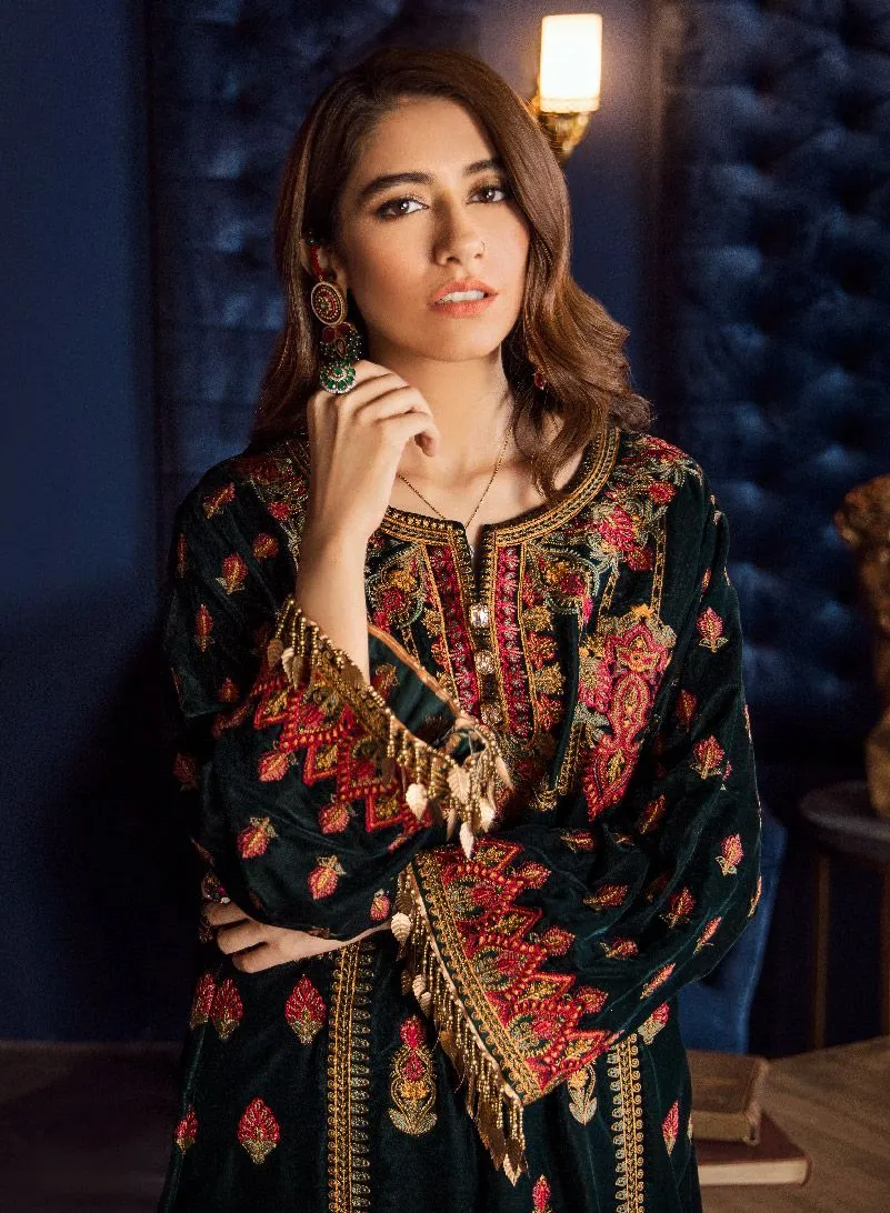 Beautiful Asian embroidered velvet outfit in bottle green color # P2461