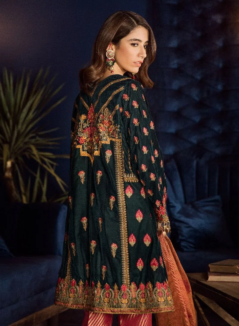 Beautiful Asian embroidered velvet outfit in bottle green color # P2461