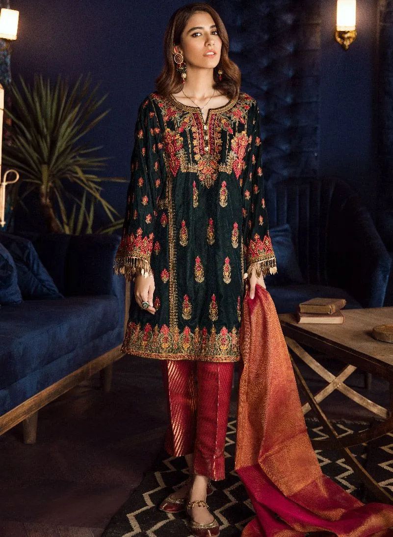 Beautiful Asian embroidered velvet outfit in bottle green color # P2461
