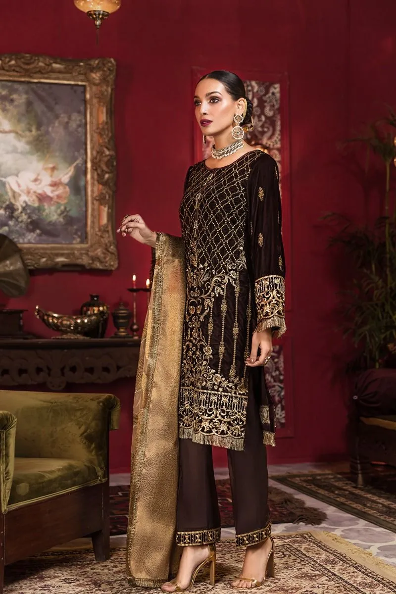 Beautiful Pakistani embroidered velvet outfit in gold brown color # P2453
