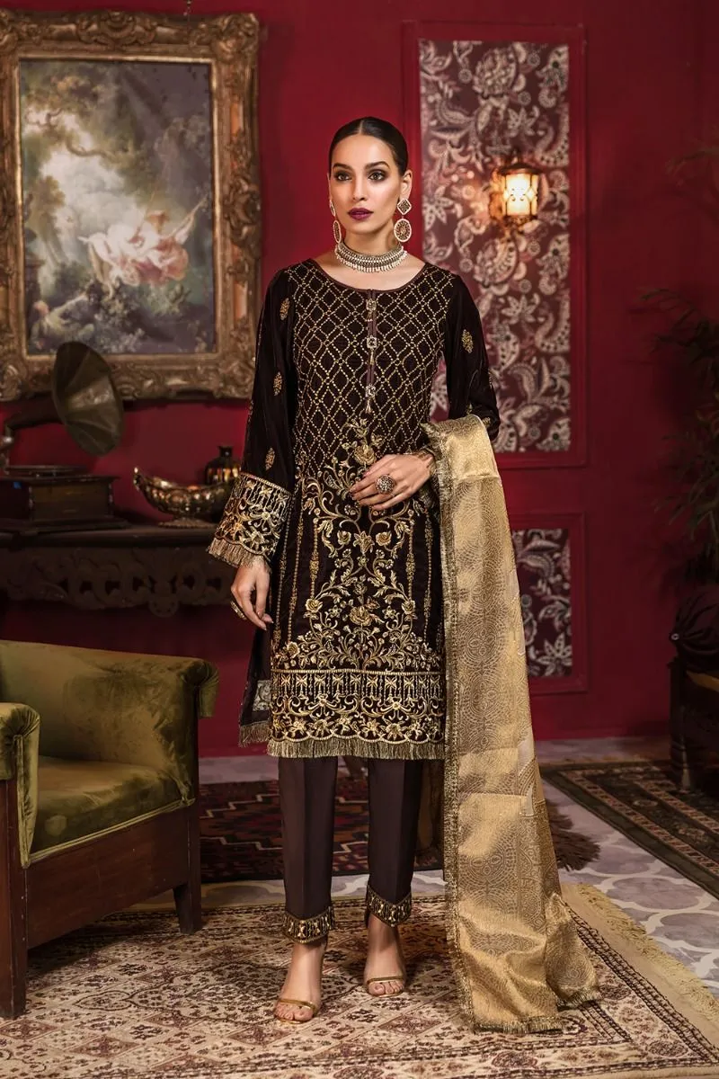 Beautiful Pakistani embroidered velvet outfit in gold brown color # P2453