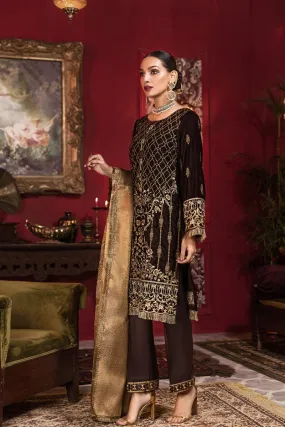 Beautiful Pakistani embroidered velvet outfit in gold brown color # P2453