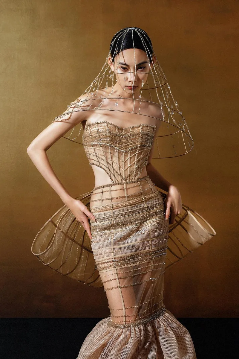 BEIGE CRYSTAL-EMBROIDERED TULLE MERMAID DRESS