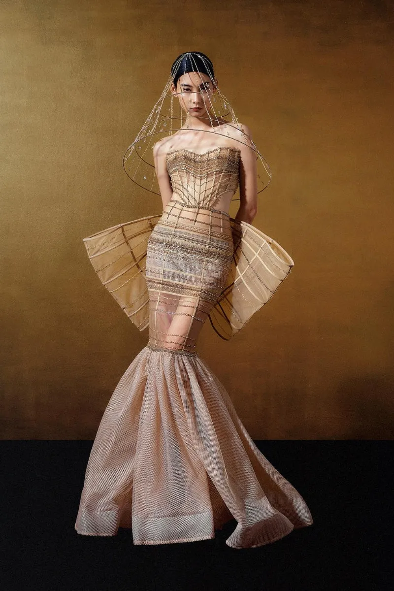 BEIGE CRYSTAL-EMBROIDERED TULLE MERMAID DRESS