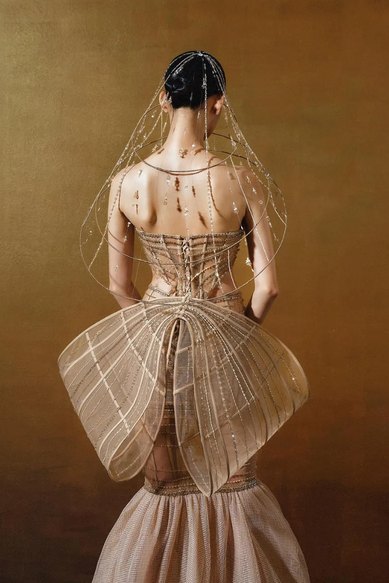 BEIGE CRYSTAL-EMBROIDERED TULLE MERMAID DRESS