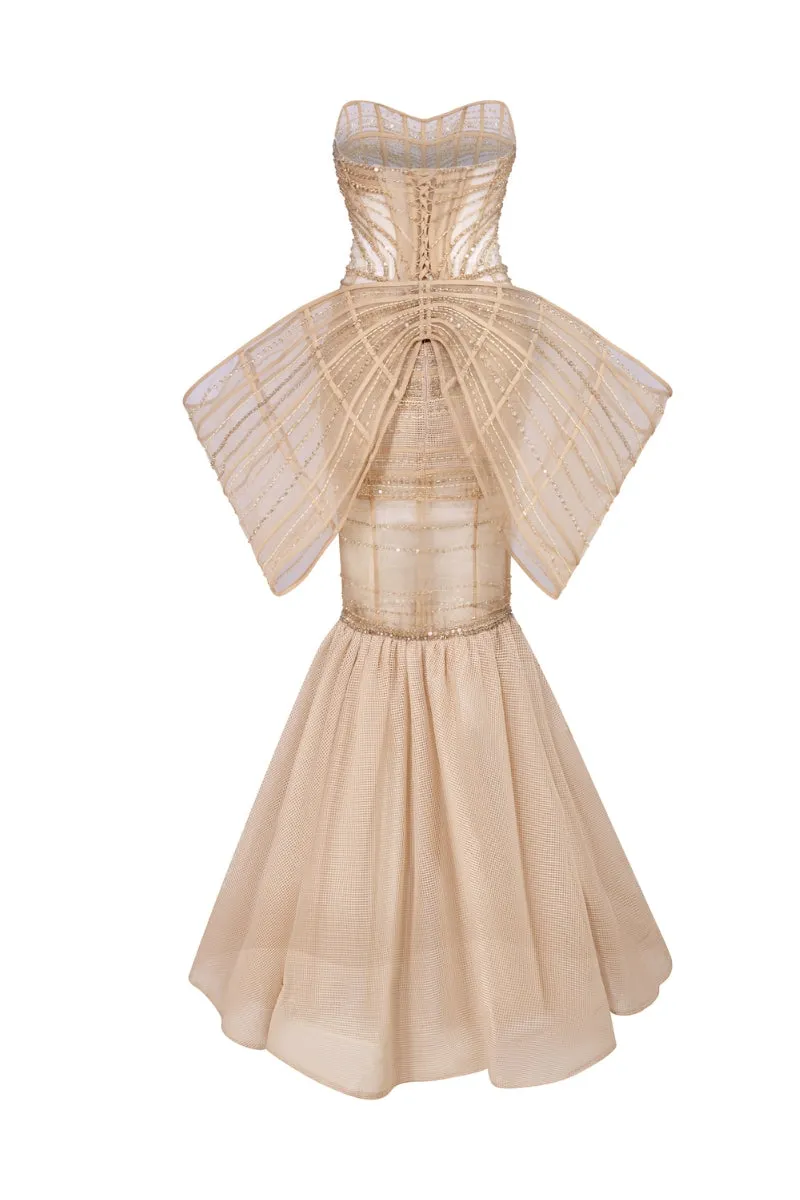 BEIGE CRYSTAL-EMBROIDERED TULLE MERMAID DRESS