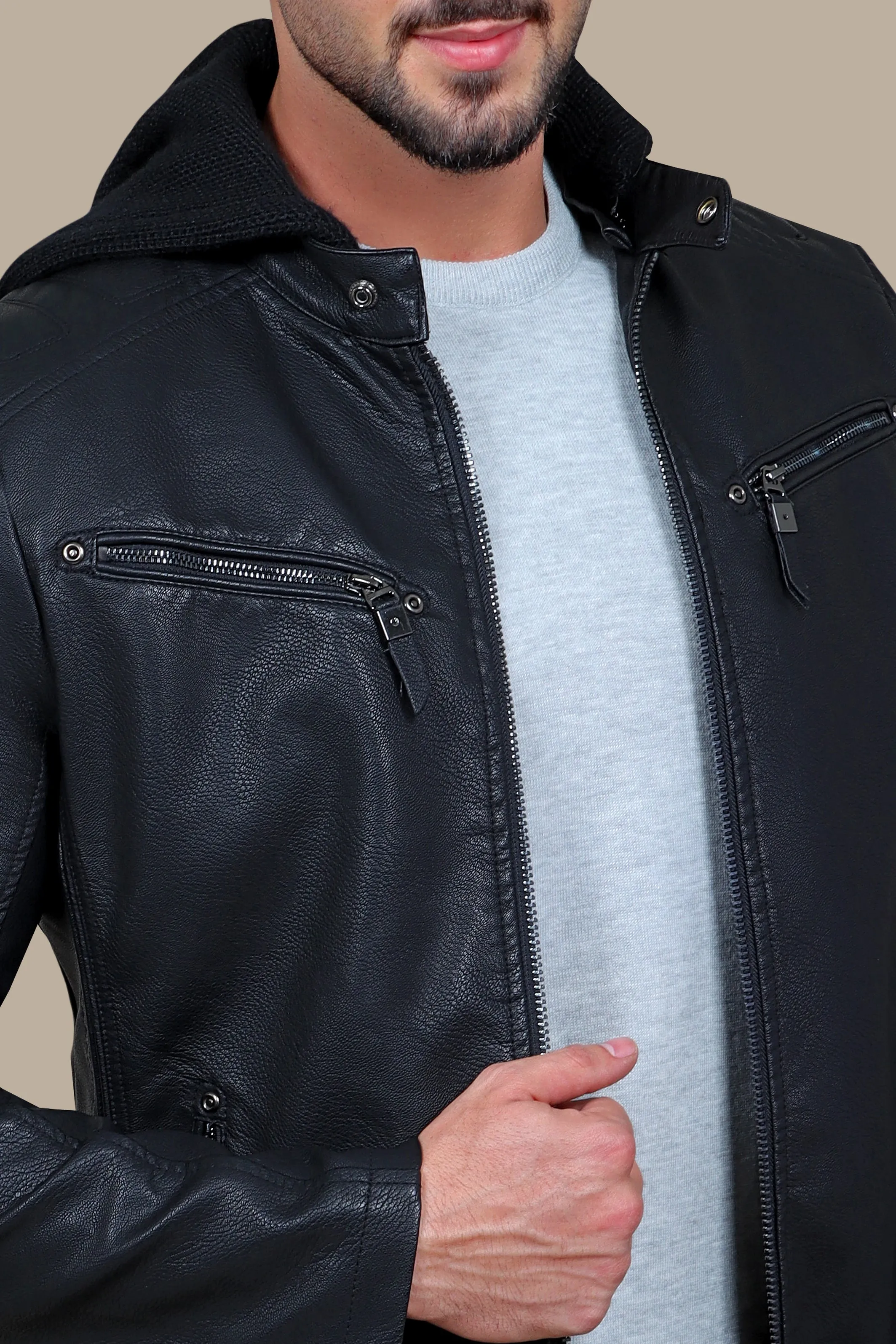Black Faux Leather Rider Jacket with Detachable Hoodie