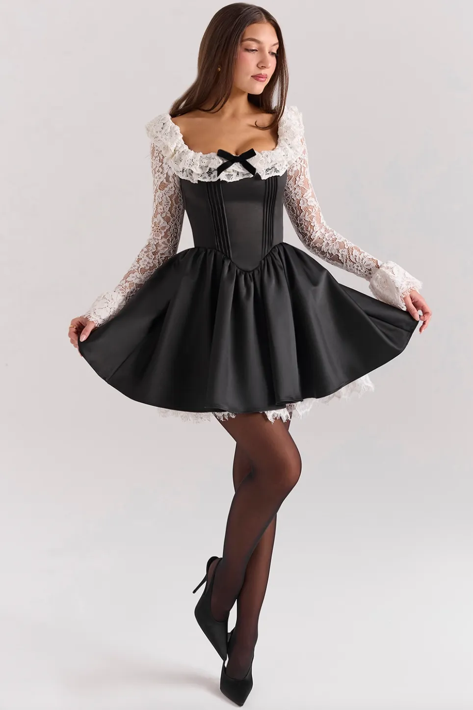 Black Lace Ruffle Mini Dress