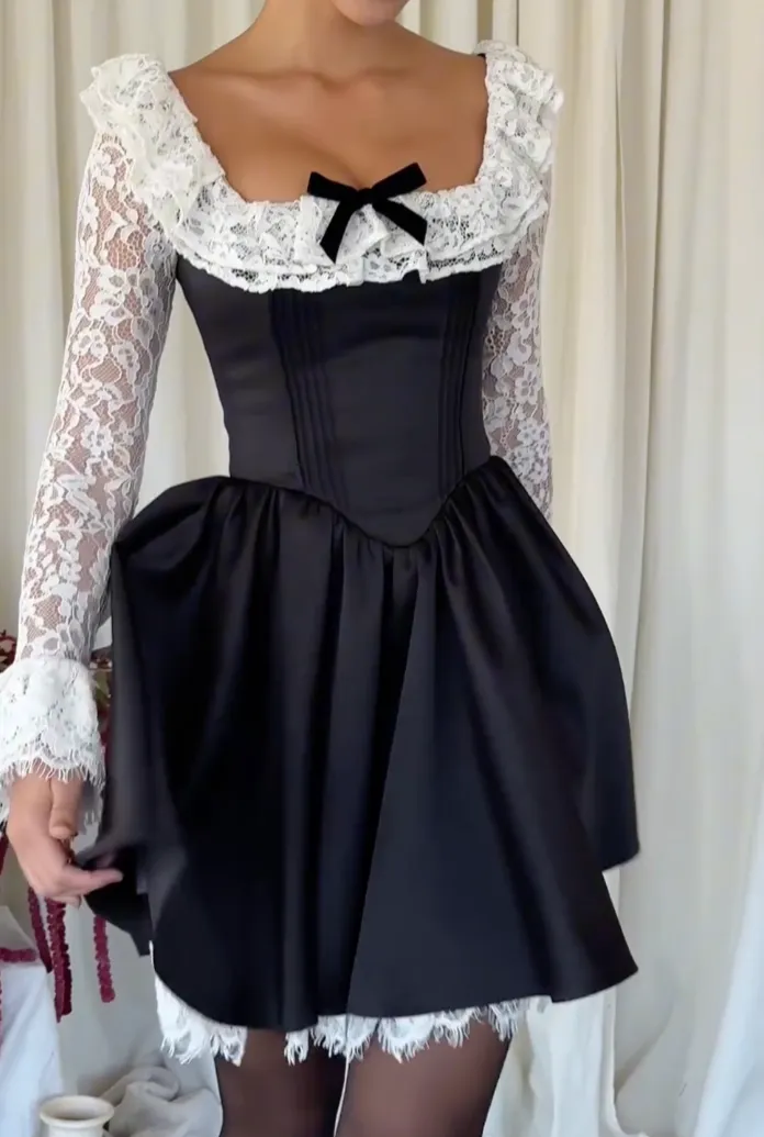 Black Lace Ruffle Mini Dress