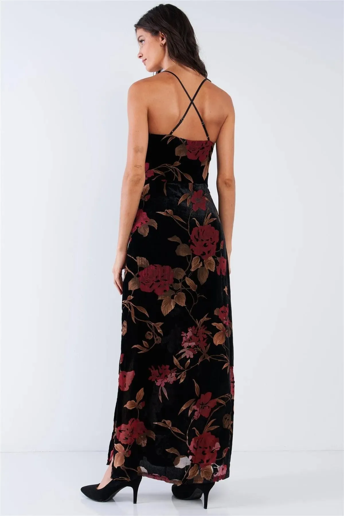 Black Velvet Multi Color Floral Print V-Neck Criss-Cross Back Straps Maxi Dress