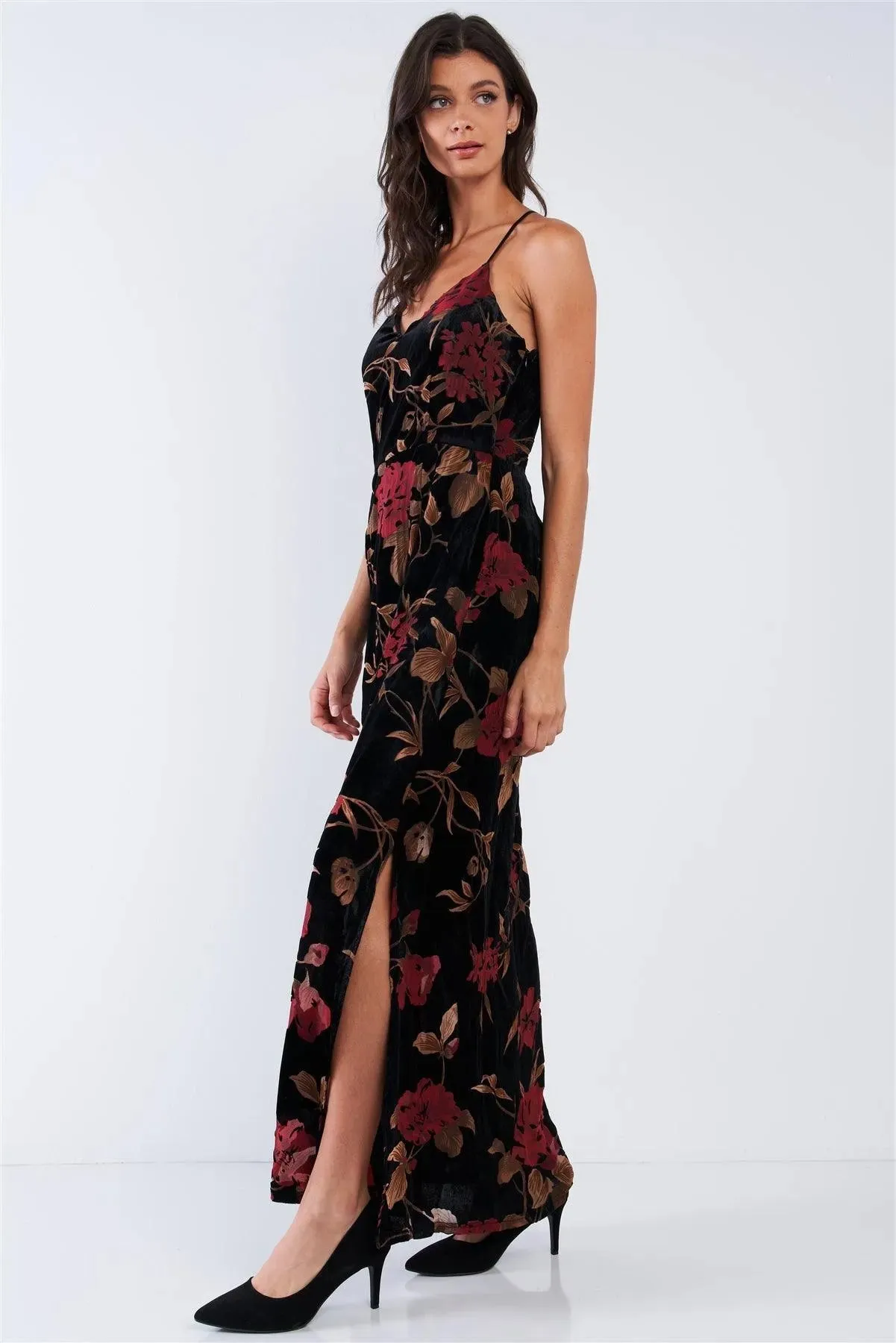 Black Velvet Multi Color Floral Print V-Neck Criss-Cross Back Straps Maxi Dress