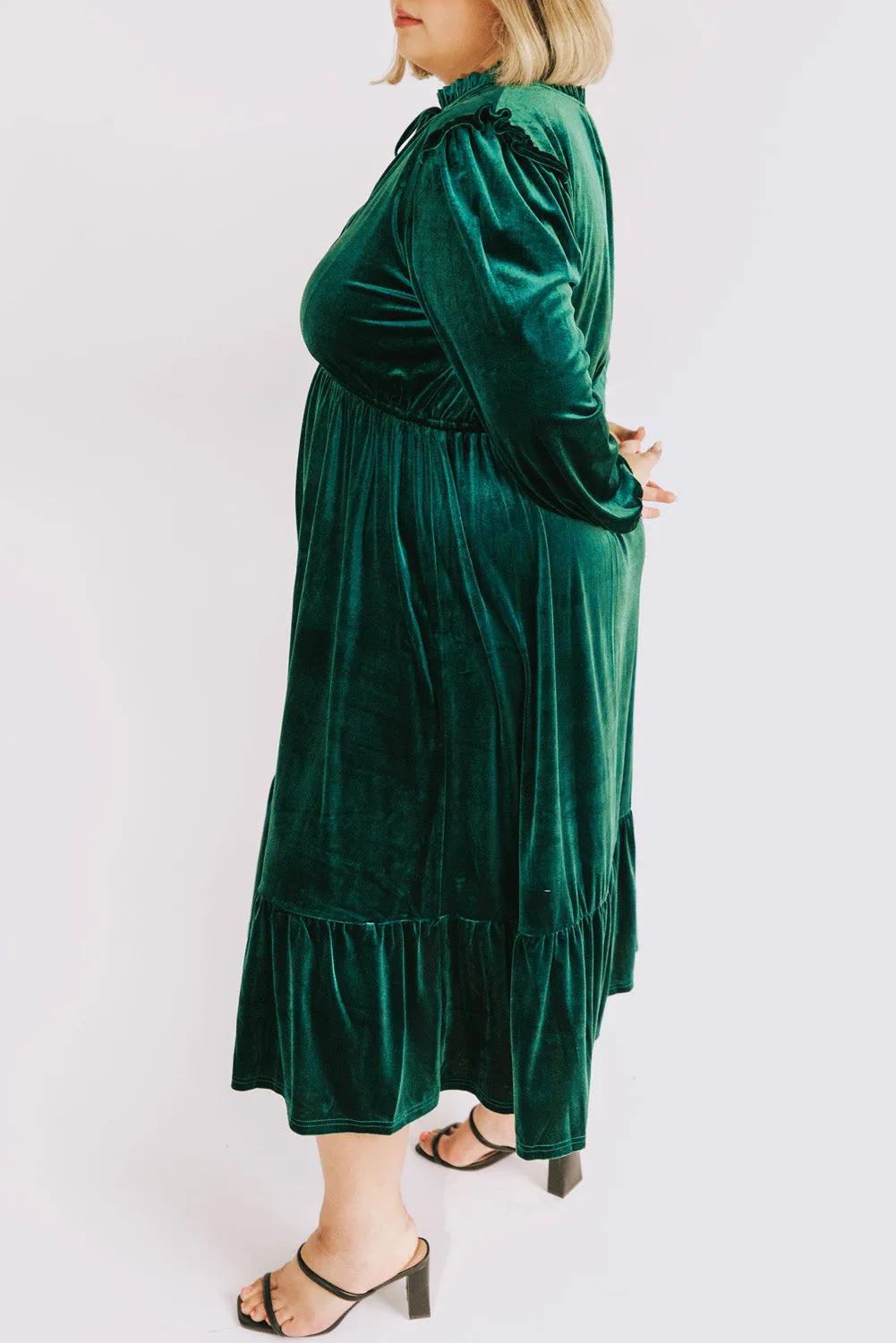Blackish Green Velvet Frilled up Neck Ruffled High Waist Plus Size Midi Dress