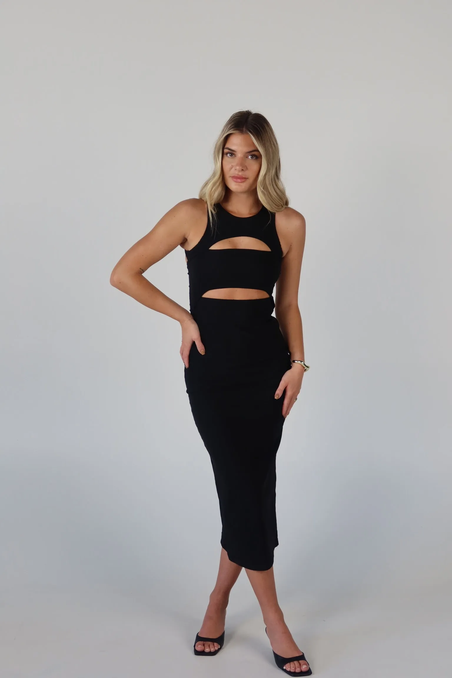 Blair Cut-Out Midi Dress in Black