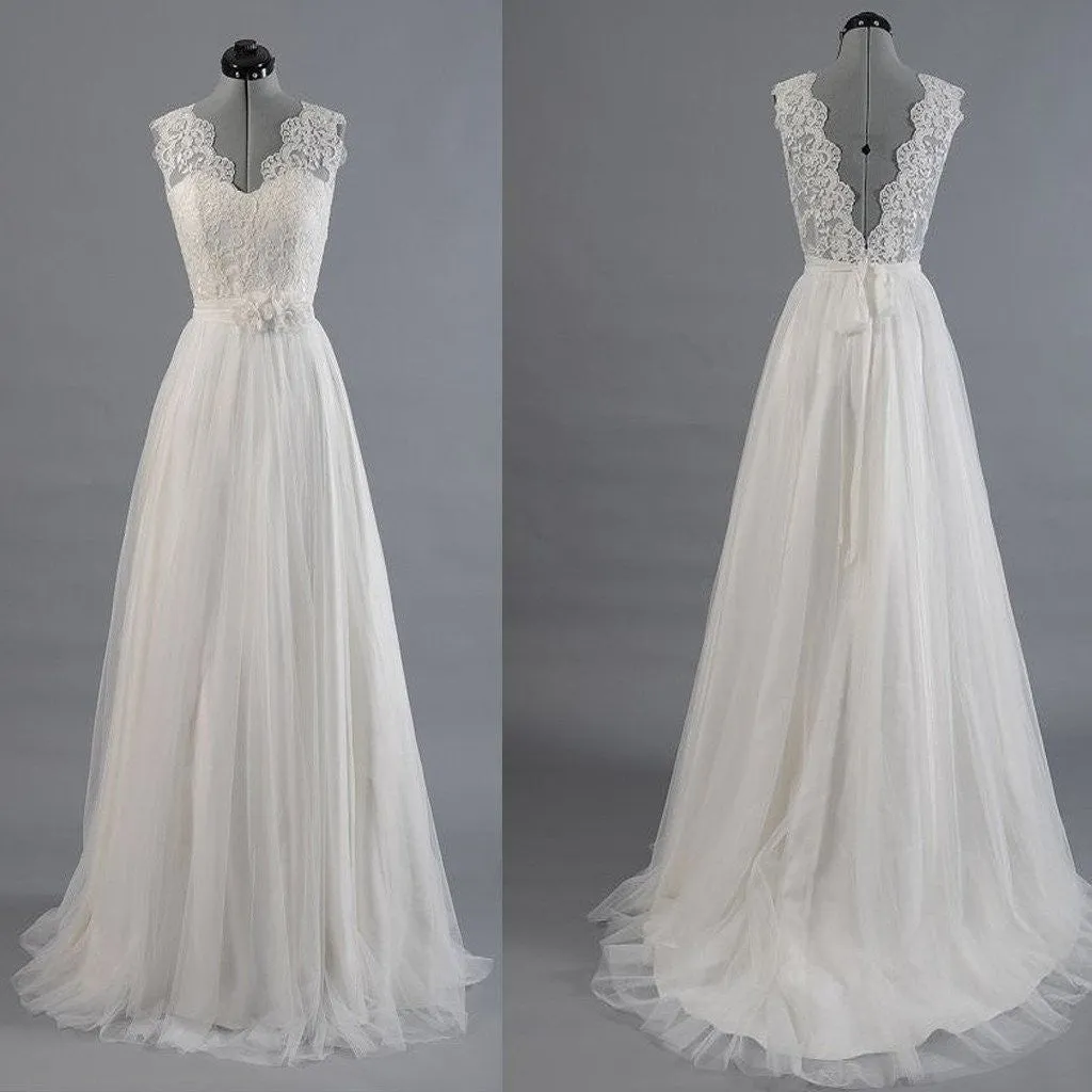 Boho A-line Romantic Lace Top Wedding Dress with Low V Back