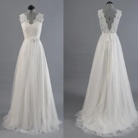 Boho A-line Romantic Lace Top Wedding Dress with Low V Back
