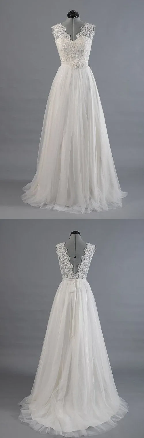 Boho A-line Romantic Lace Top Wedding Dress with Low V Back