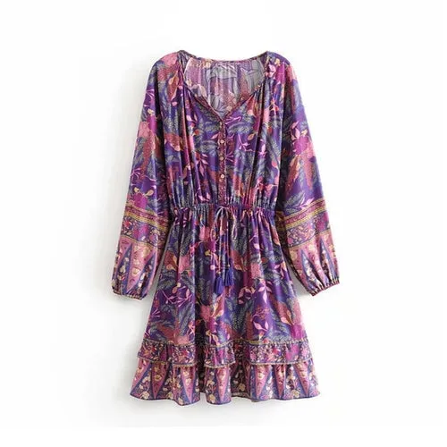 Boho Floral Print Mini Dress Lantern Long Sleeve V