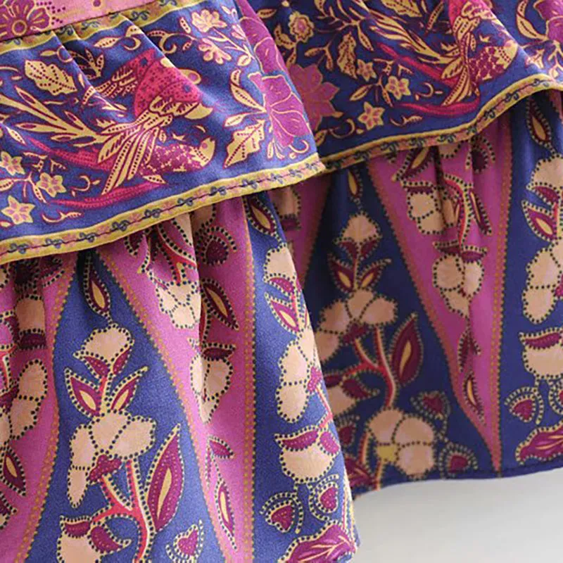 Boho Floral Print Mini Dress Lantern Long Sleeve V