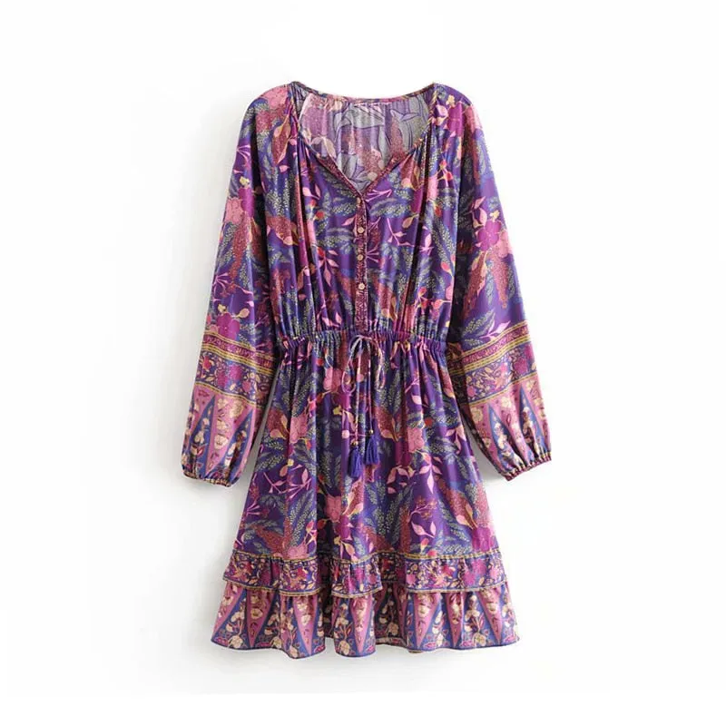 Boho Floral Print Mini Dress Lantern Long Sleeve V