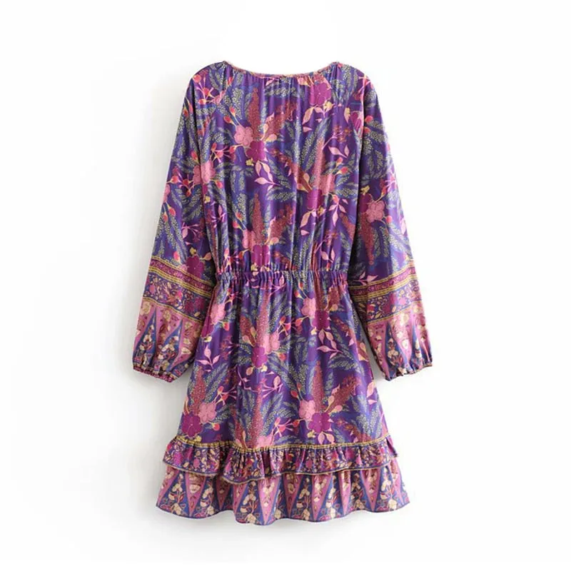 Boho Floral Print Mini Dress Lantern Long Sleeve V
