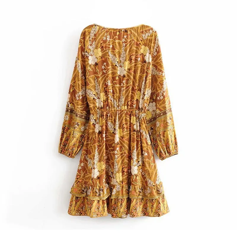 Boho Floral Print Mini Dress Lantern Long Sleeve V