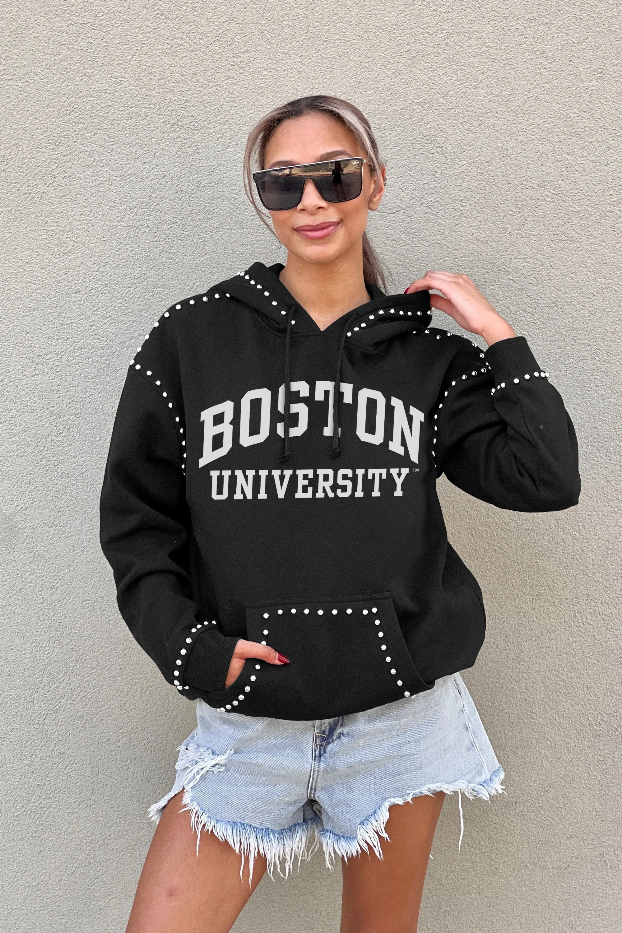 BOSTON UNIVERSITY TERRIERS BELLE OF THE BALL STUDDED DETAIL FLEECE FRONT POCKET HOODIE