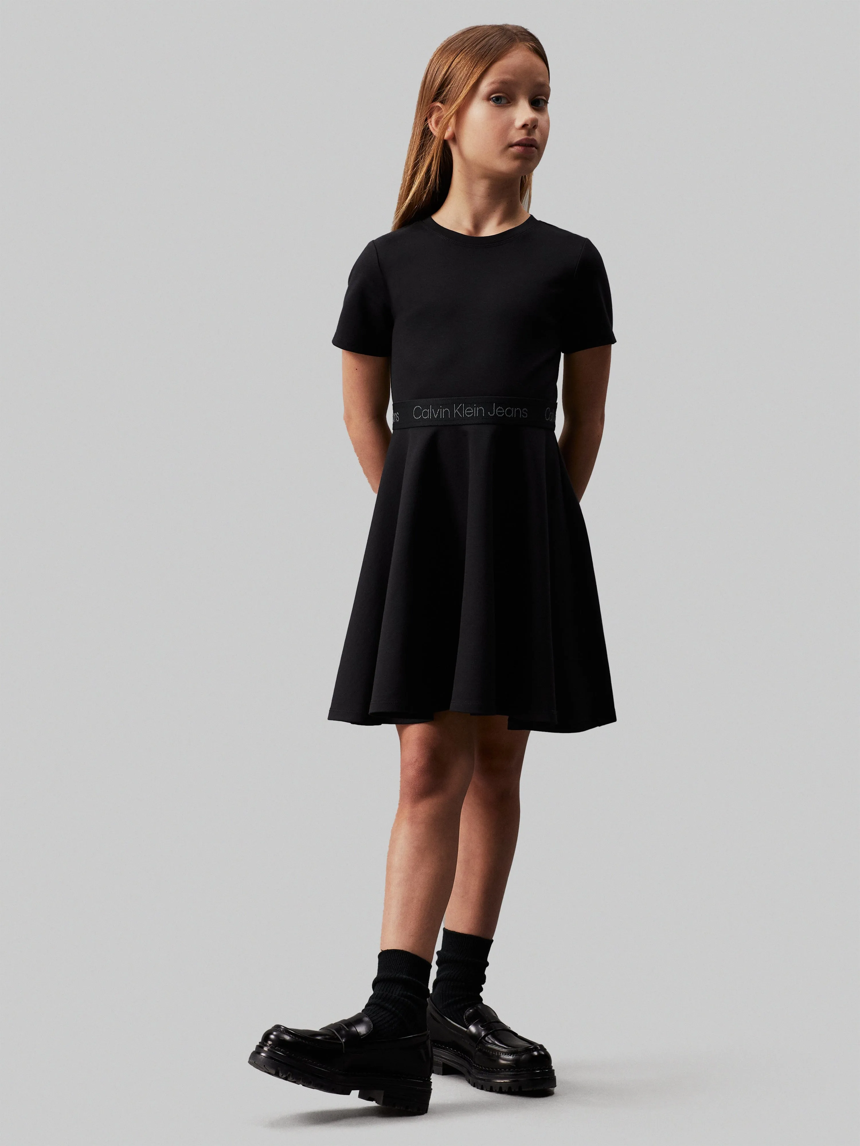 Calvin Klein Girls Punto Tape Fit Flare Dress in Black