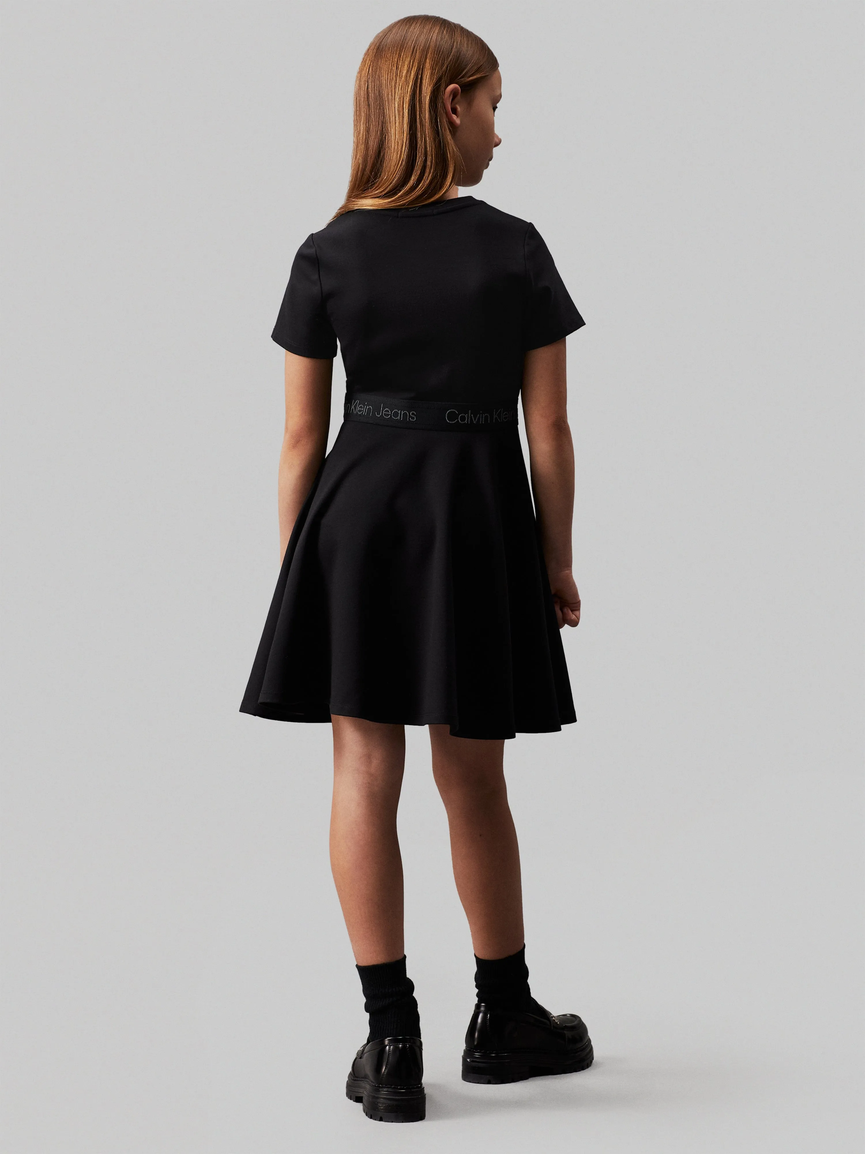 Calvin Klein Girls Punto Tape Fit Flare Dress in Black