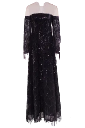 Catherine floor-long maxi dress, illusion neckline, sequin-embroidered chiffon with sequin fringes.