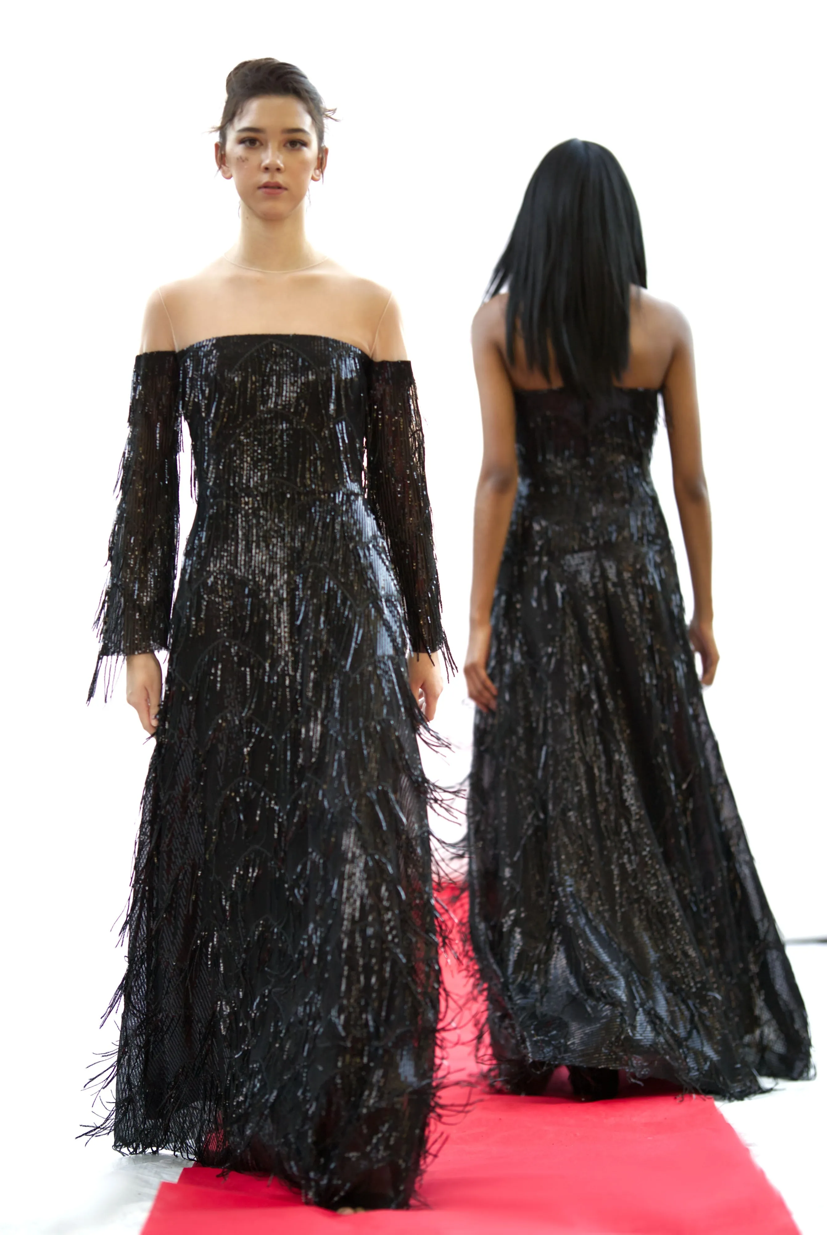 Catherine floor-long maxi dress, illusion neckline, sequin-embroidered chiffon with sequin fringes.